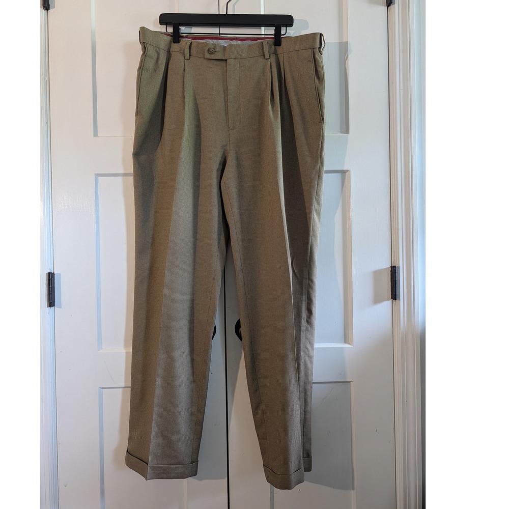 Louis Raphael Rosso Men's 38x32 Brown Houndstooth Pleated Cuffed Dress Pants